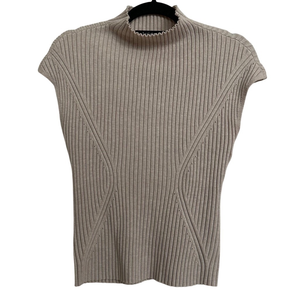 Iris Setlakwe Beige Ribbed Mock Neck Cap Sleeve Sweater Top Quiet Luxury XS